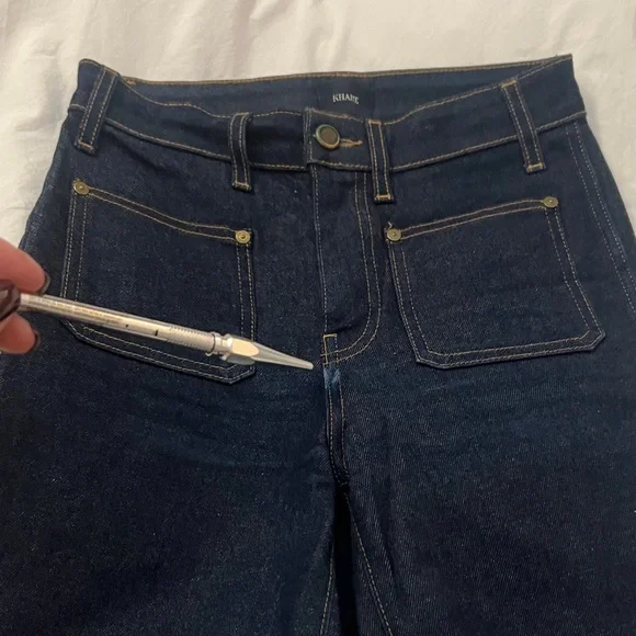 KHAITE Raquel Dark Patch Pocket Blue Flare Crop Jeans 25 - Picture 11 of 11